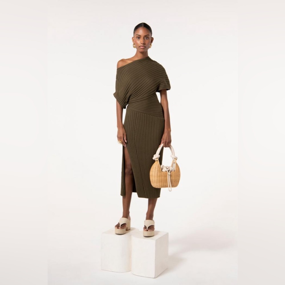 Cult Gaia Green “Naunet” Knit Dress with Cotton Rib Asymmetric Neckline sz S